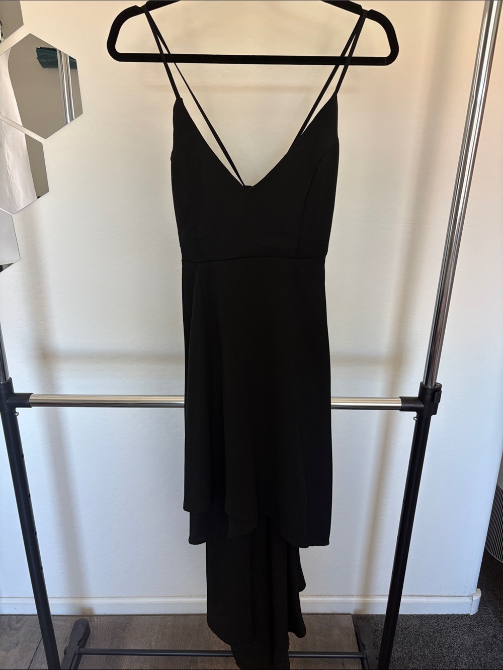 FAVLUX Black High-Low Spaghetti Strap Evening Dress